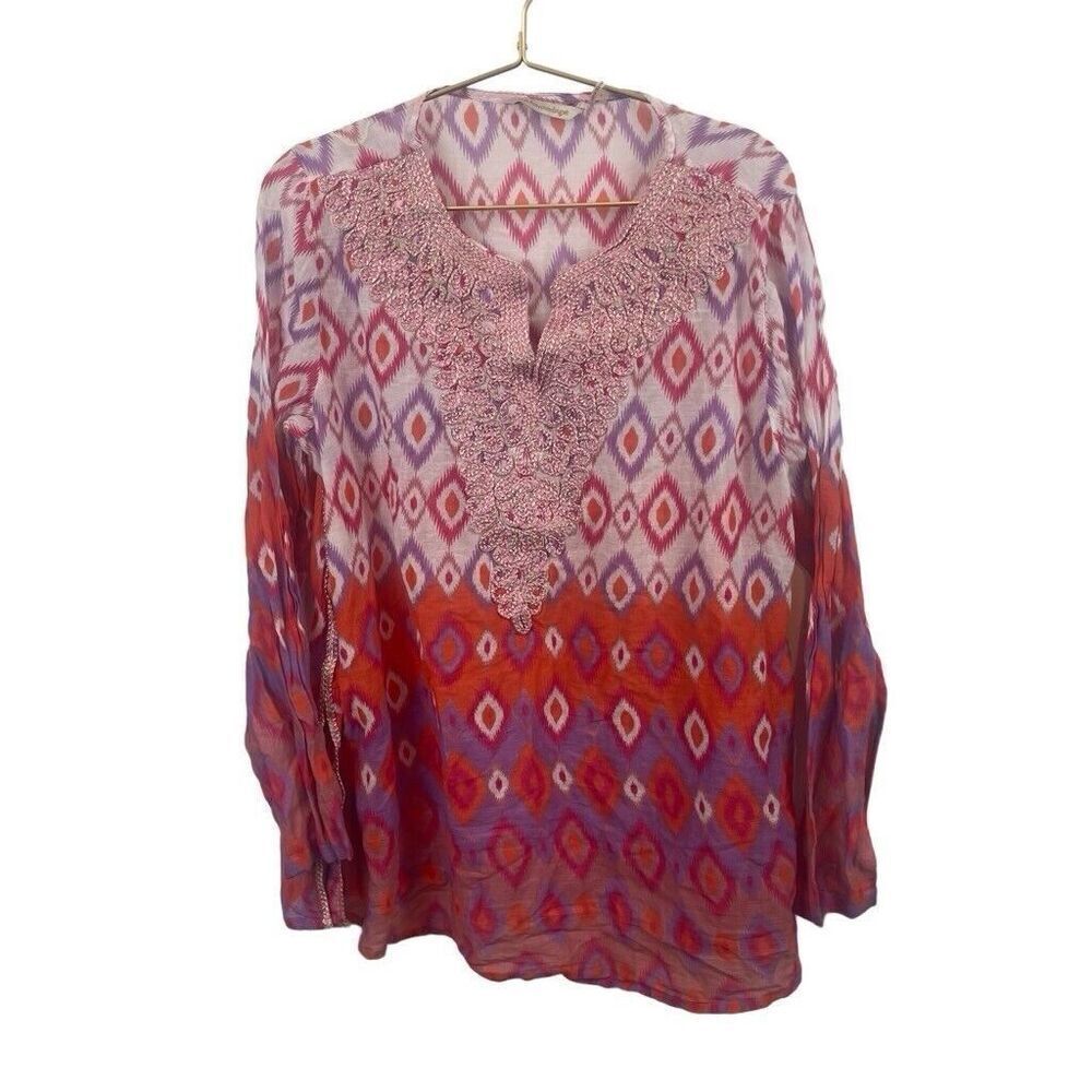 Soft Surroundings Pink‎ Purple Orange Aztec Embroidered Tunic Blouse Sz L Rayon